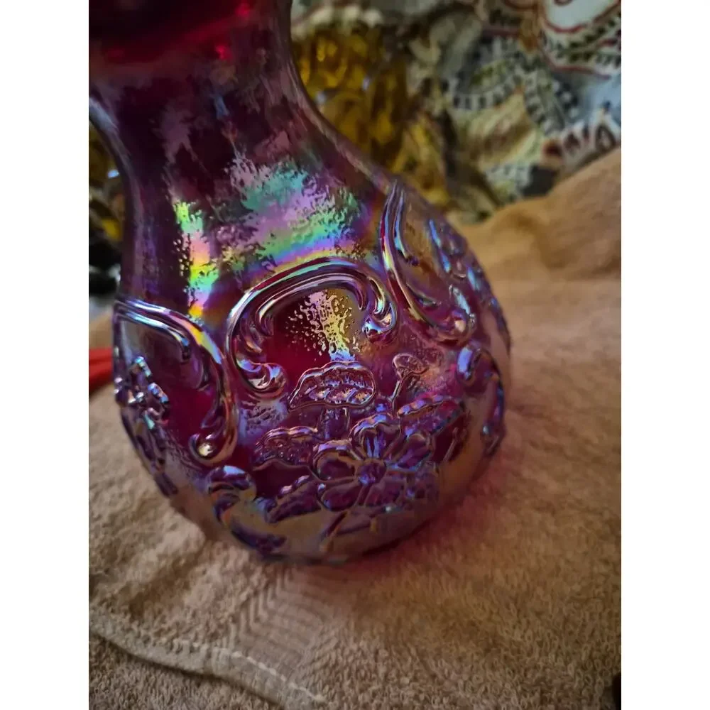 Vintage Fenton Carnivsl Glass Drape And Scroll Ruffled Vase With Embossed Scroll